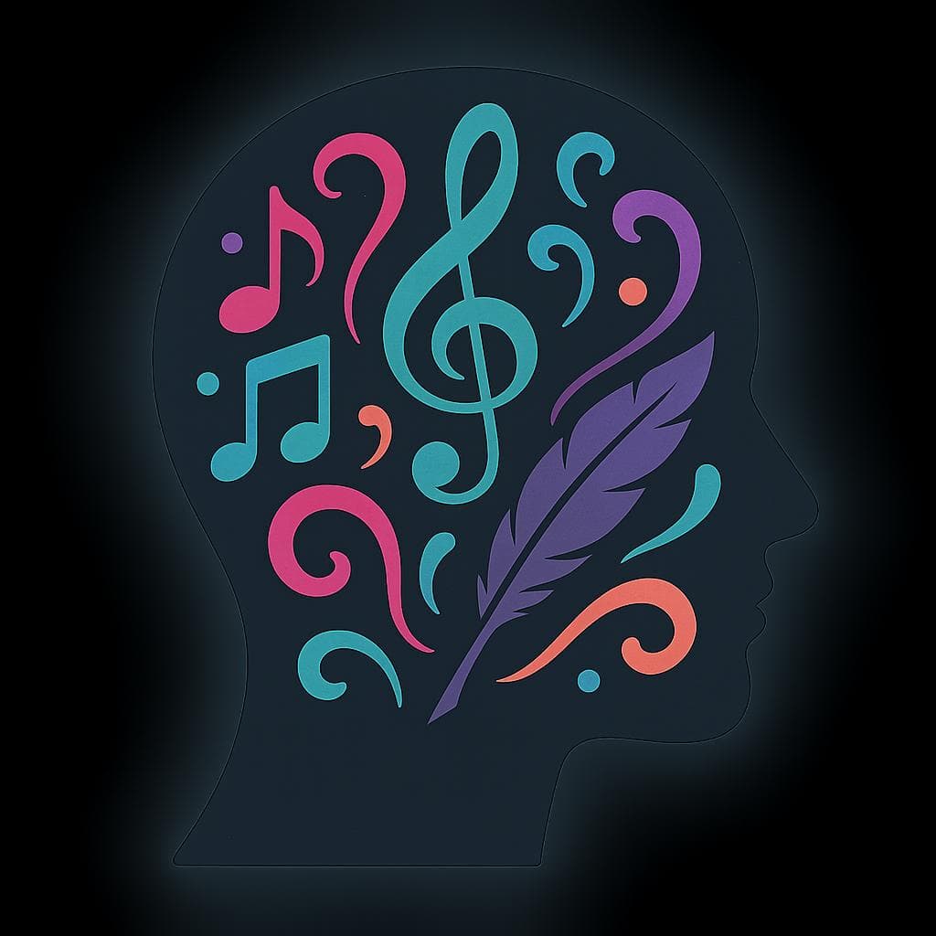 An artistic representation of the human mind with elements of music, poetry, and chaotic creativity.