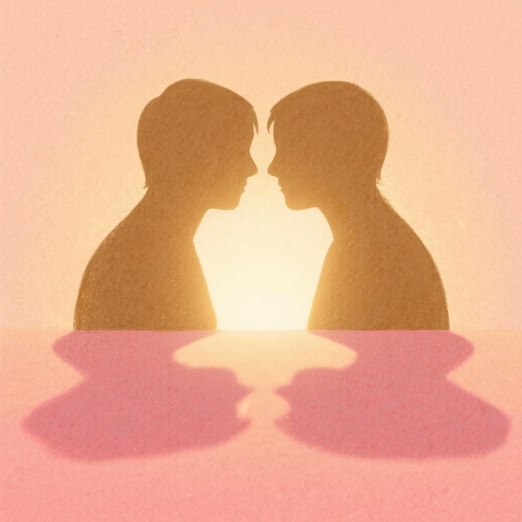 An artistic illustration of two silhouettes whose shadows merge to form a single, brighter shape.