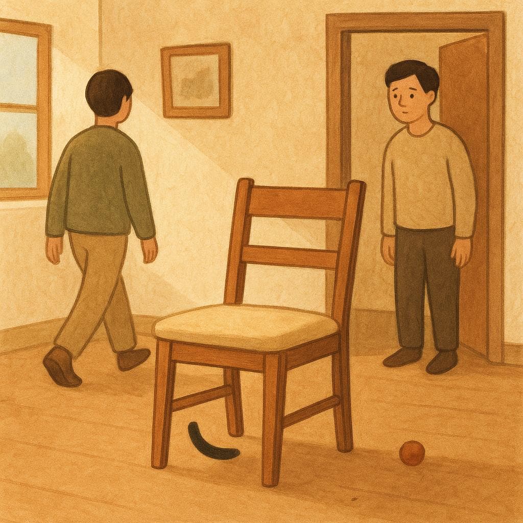 An empty chair with a person walking away in the background, while another looks on, symbolizing a lost opportunity.