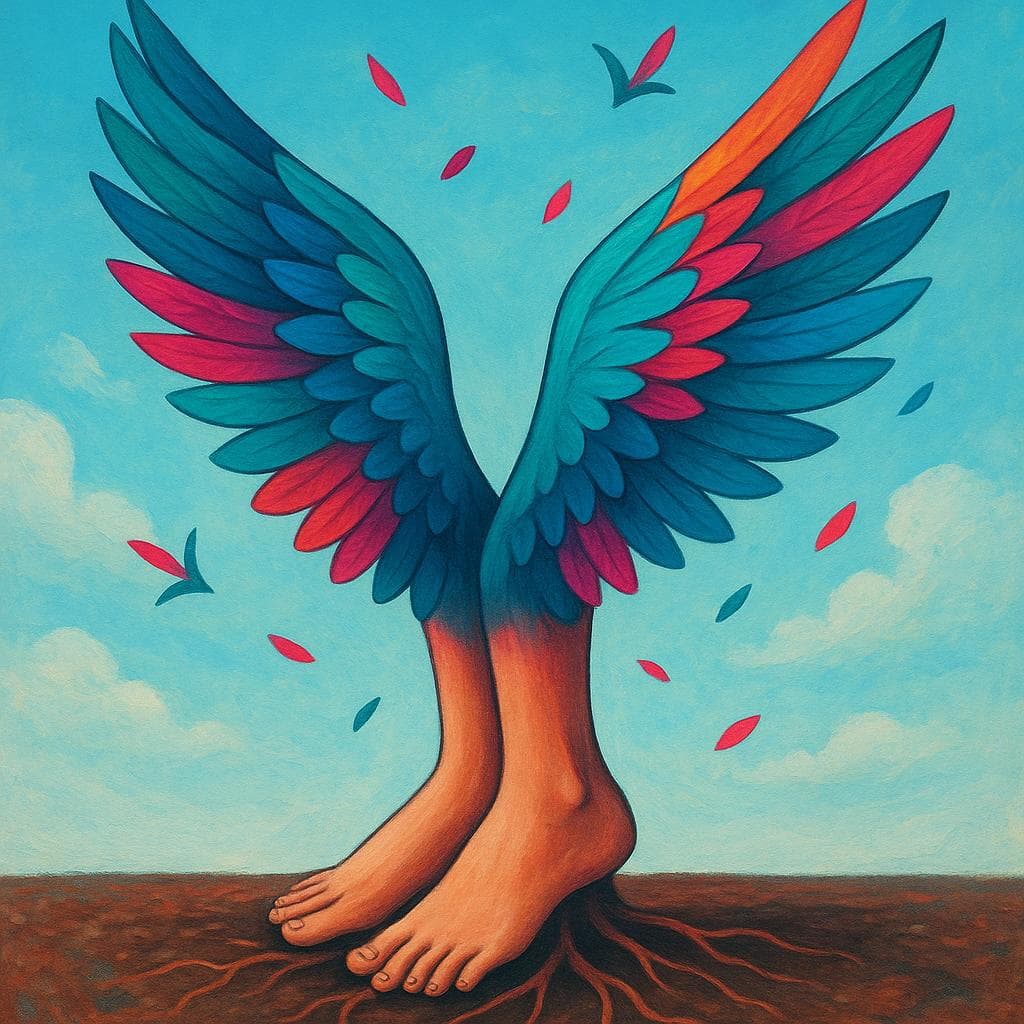 An artistic representation of freedom and imagination overcoming physical limitations, inspired by Frida Kahlo.