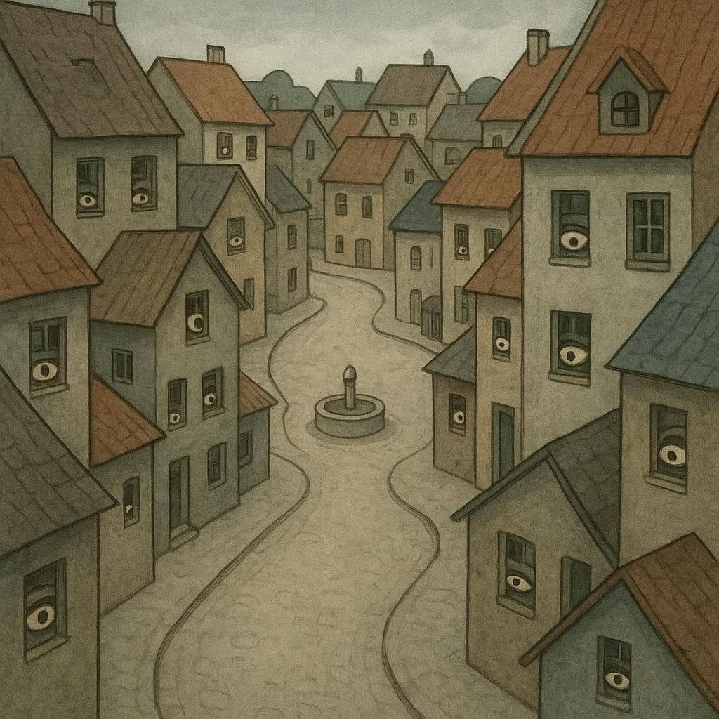 An artistic illustration of a small town where eyes peer from every window, symbolizing the gossip and lack of privacy described in the quote.