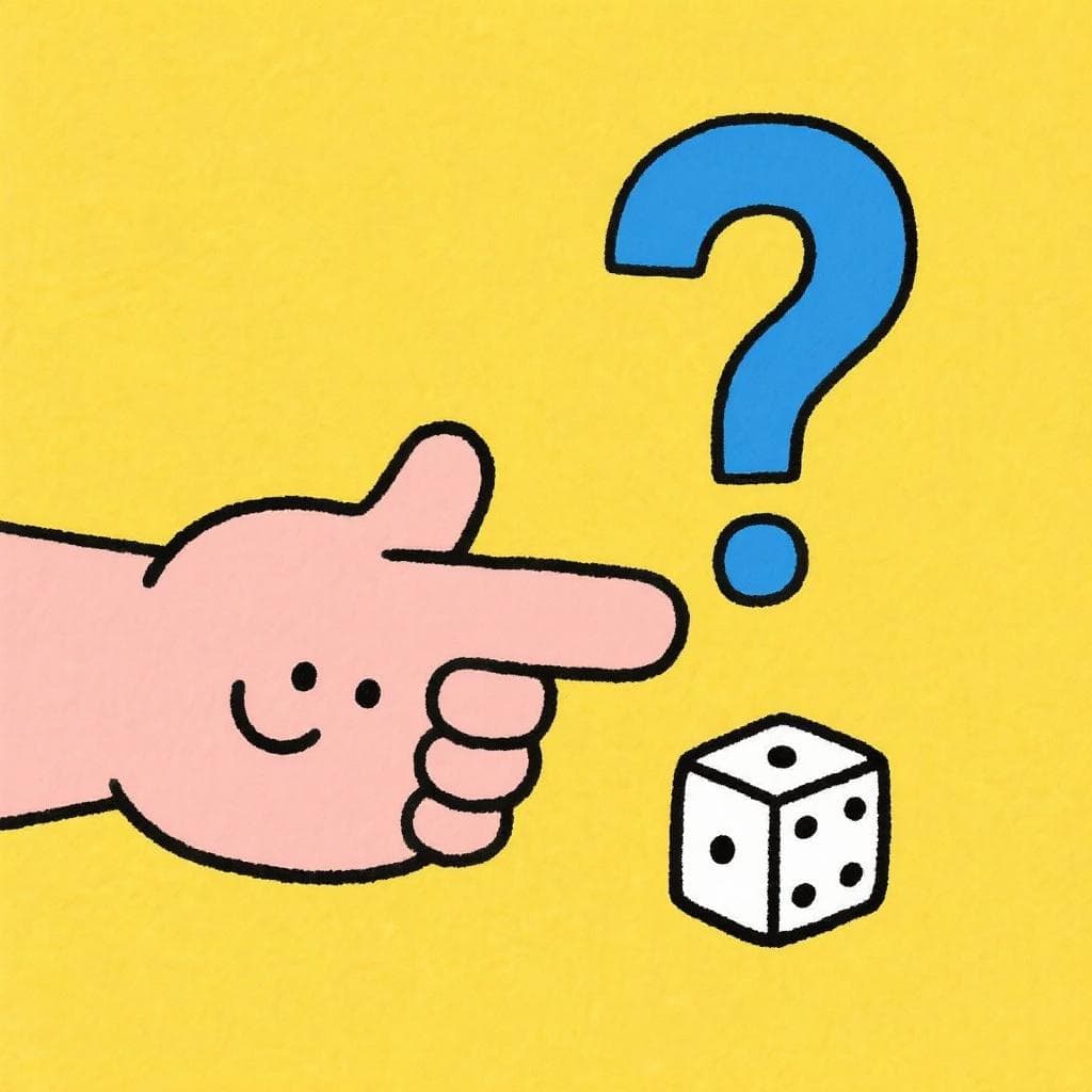 Um dedo de desenho animado apontando para um dado de seis lados, com um grande ponto de interrogação flutuando acima para representar dúvida.