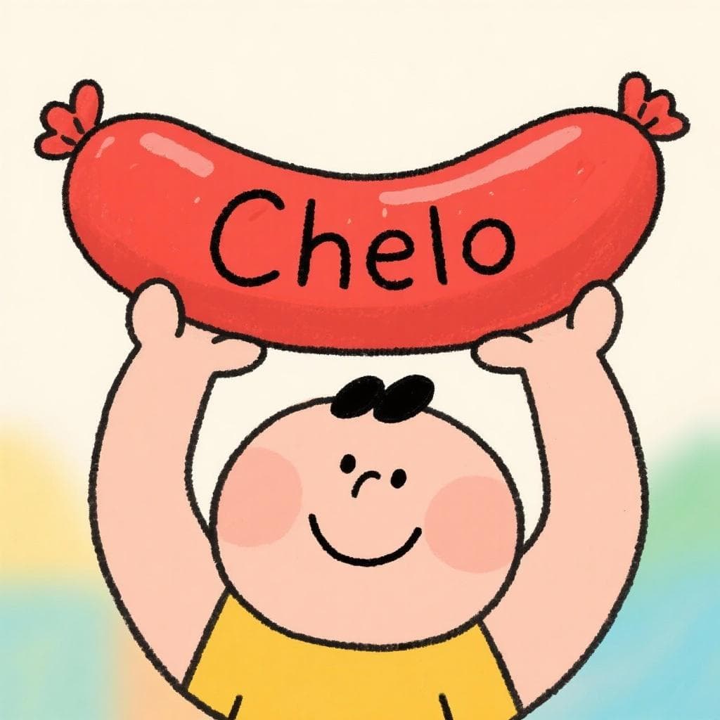 Un personnage de dessin animé amical nommé Chelo tenant fièrement un grand chorizo espagnol.