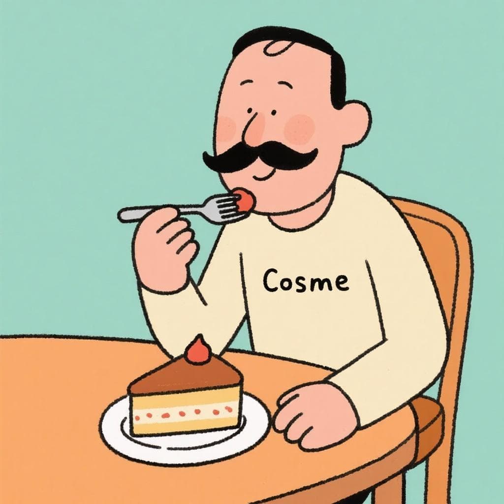 Un uomo dei cartoni animati di nome Cosme mangia con calma un pezzo di torta.