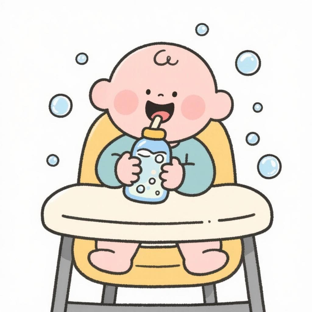 A cute cartoon baby happily drinking a soda with lots of bubbles.