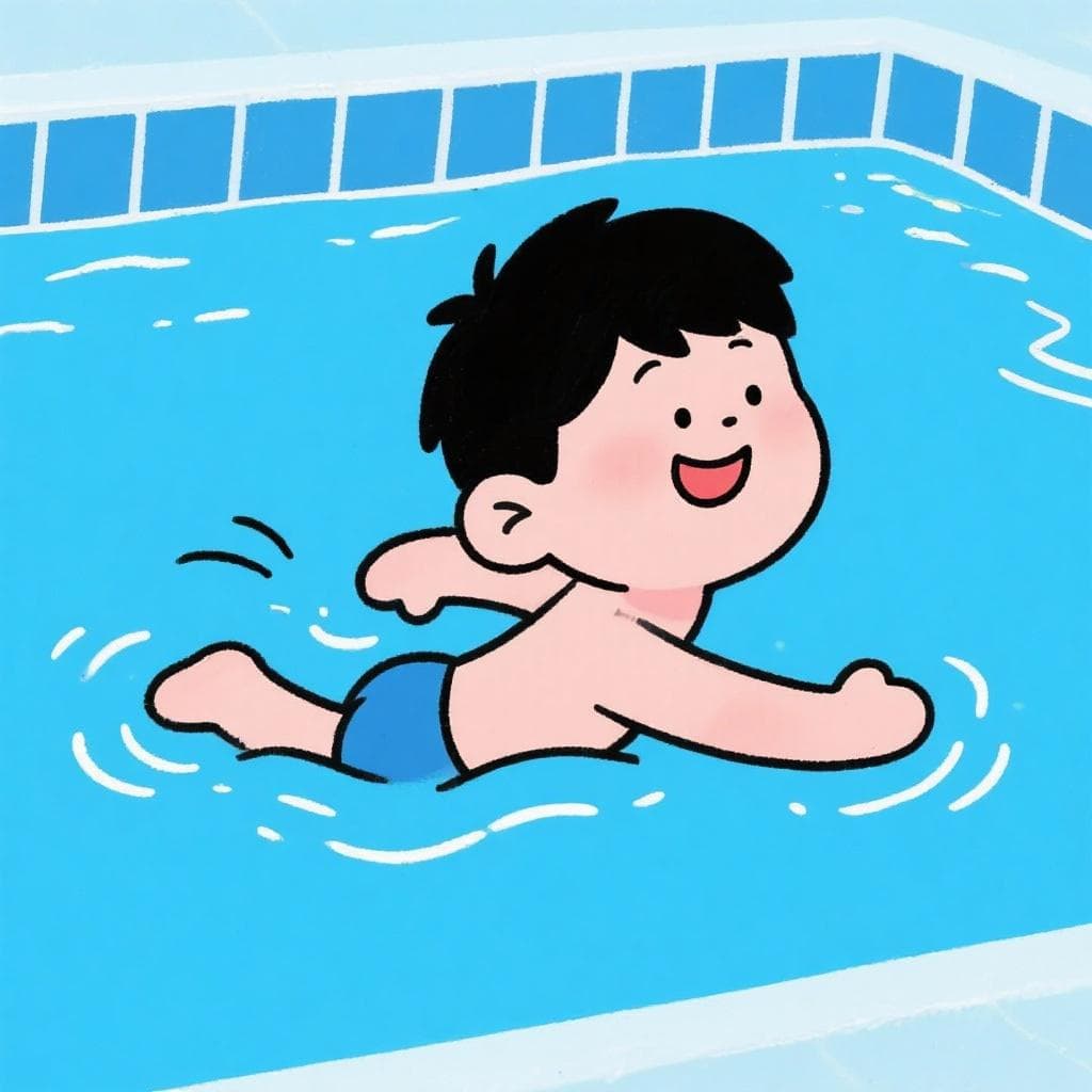 A cheerful cartoon boy named Nilo swimming expertly in a pool.