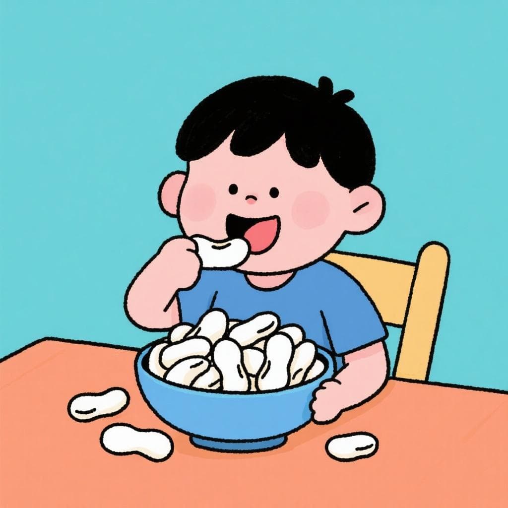 A cartoon boy named Chema happily eating a bowl of large white beans.