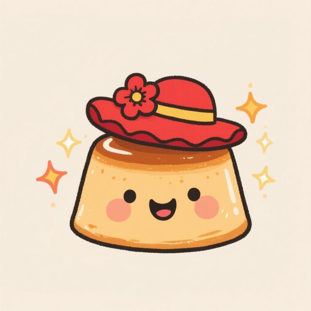 A cartoon flan dessert wearing a flamenco dancer's hat and looking fantastic.