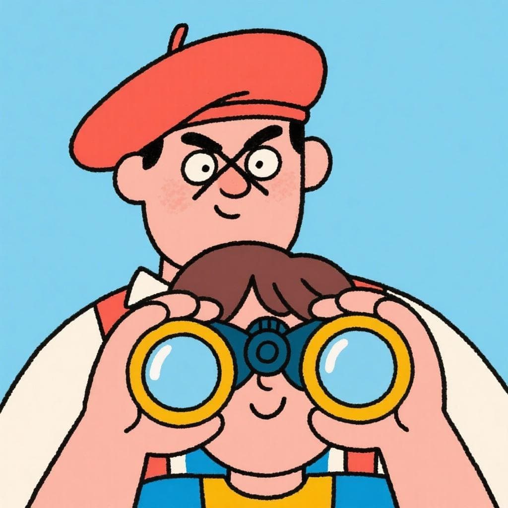 Un dessin animé d'une personne avec des jumelles cherchant un homme louche portant un béret basque.