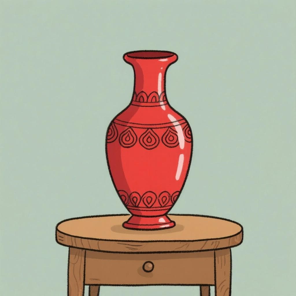 A simple cartoon drawing of a large, shiny red vase sitting on a wooden table.