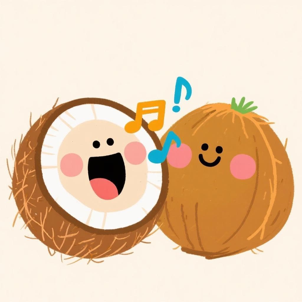 A friendly cartoon coconut named Coco singing happily with his cousin, another coconut.