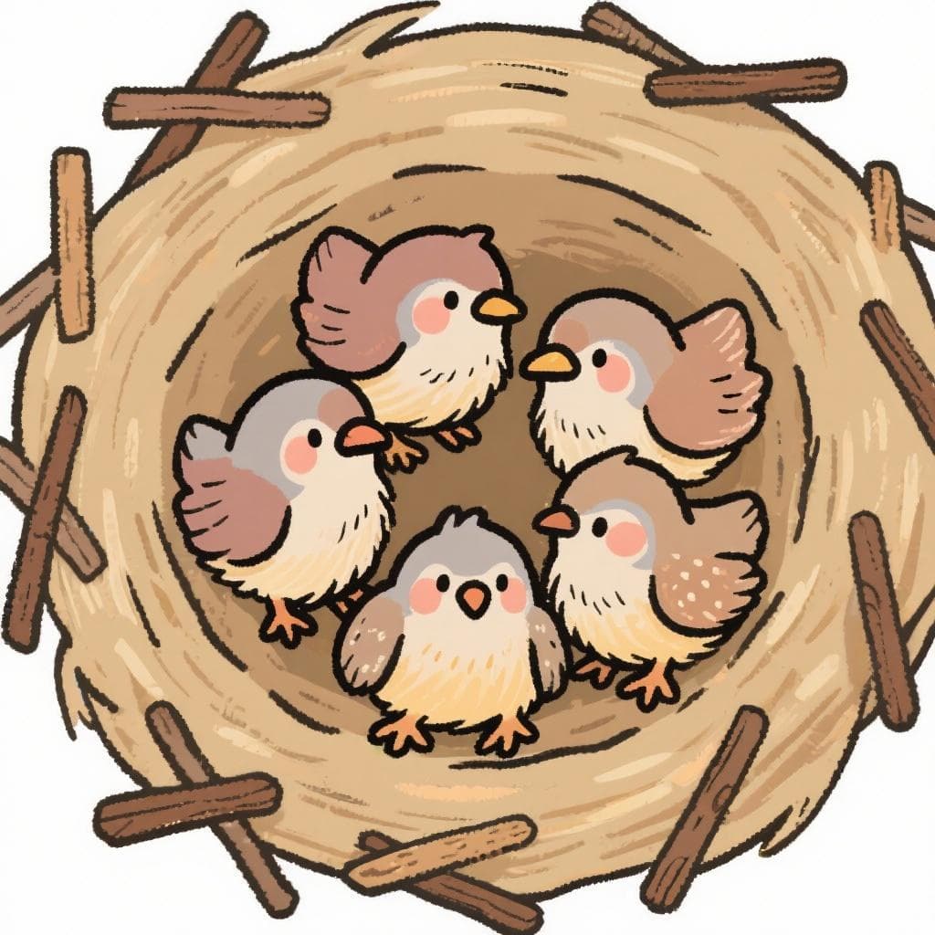 A cartoon bird's nest with five small, cute partridge chicks inside.