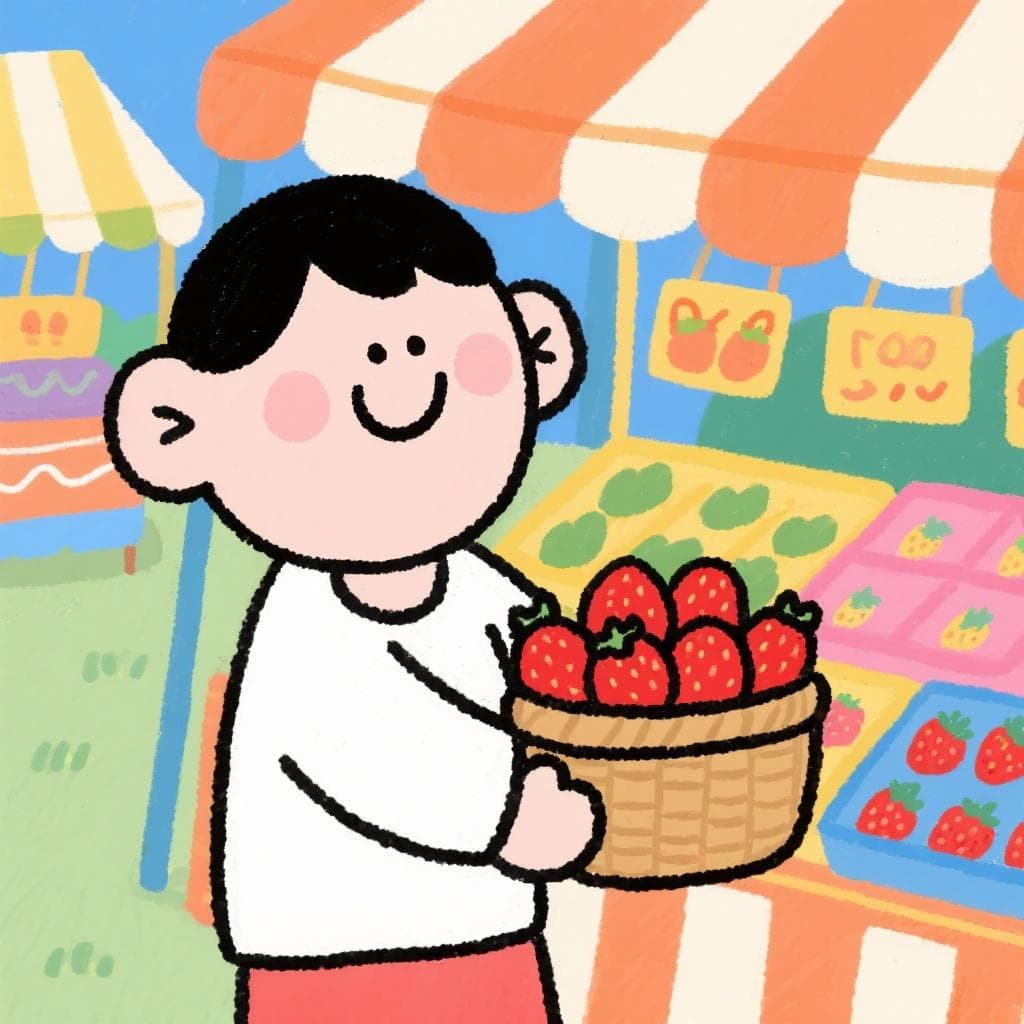 A cheerful cartoon person at an outdoor fair, buying a basket of bright red strawberries from a stall.