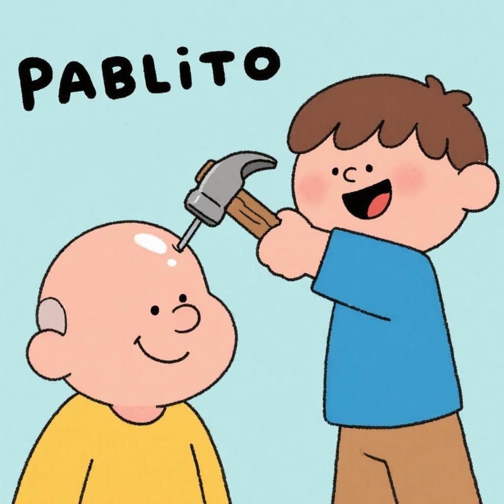A cartoon boy named Pablito hammering a small nail into the bald head of a friendly little bald man.