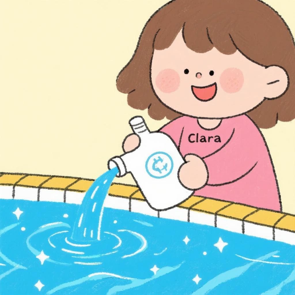 クララという名前のアニメの女の子が、キラキラ光る青いプールに塩素のボトルを嬉しそうに注いでいる。