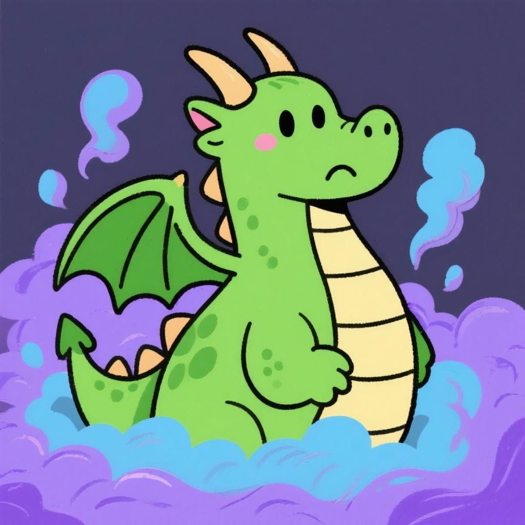 Un drago verde amichevole che emerge da una nuvola di fumo viola.
