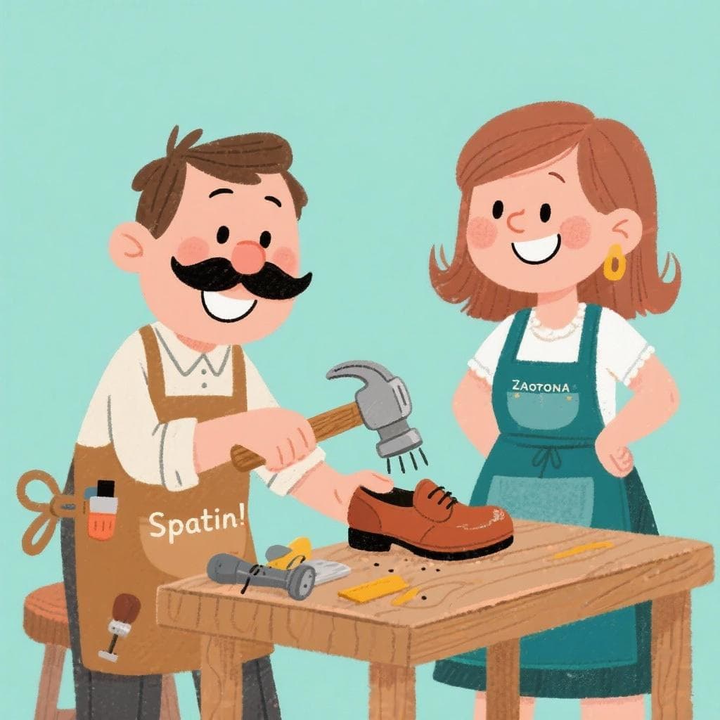 A friendly cartoon shoemaker named Sapatín happily tapping on a shoe, while a female shoemaker named Zapatona smiles at him.