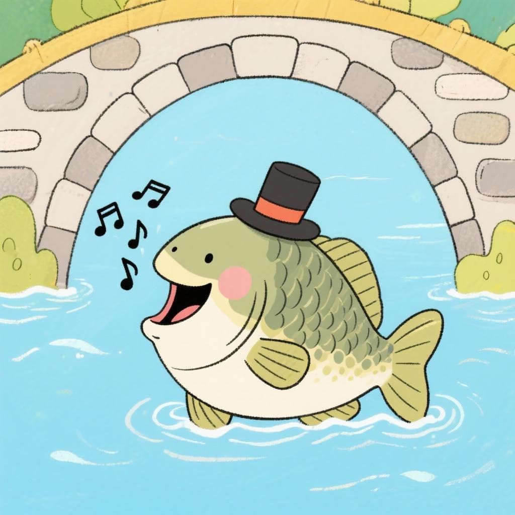 A cartoon bass fish with a top hat singing happily under a simple stone bridge.