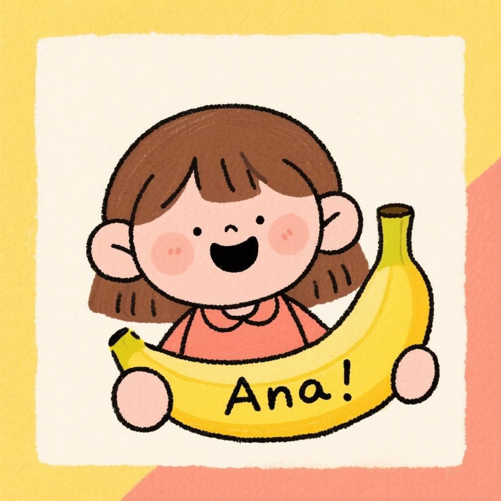 A cartoon girl named Ana happily holding a large yellow banana.