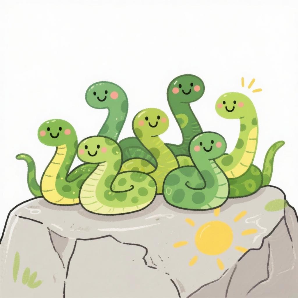 Seven serene cartoon snakes lounging calmly on a rock.