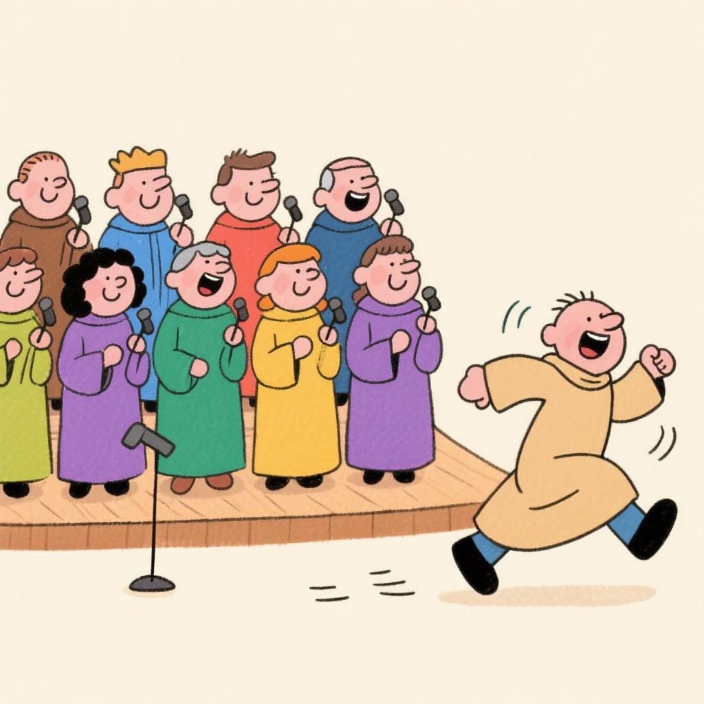 A cartoon choir singing, with one member comically running away from the group.