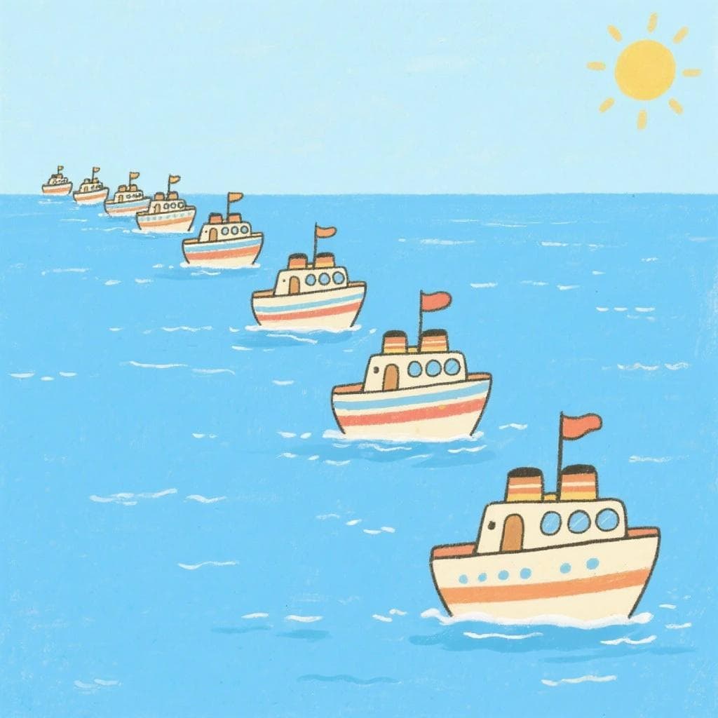 Nine new cartoon ships sailing in a line on a calm blue sea.