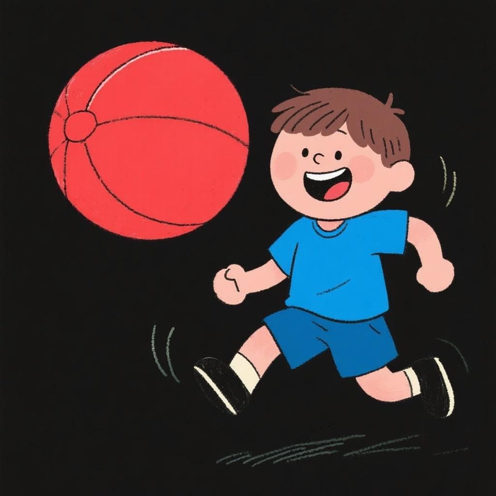 ペペという名の漫画の少年が、大きな赤いボールを弾ませて喜んでいる。