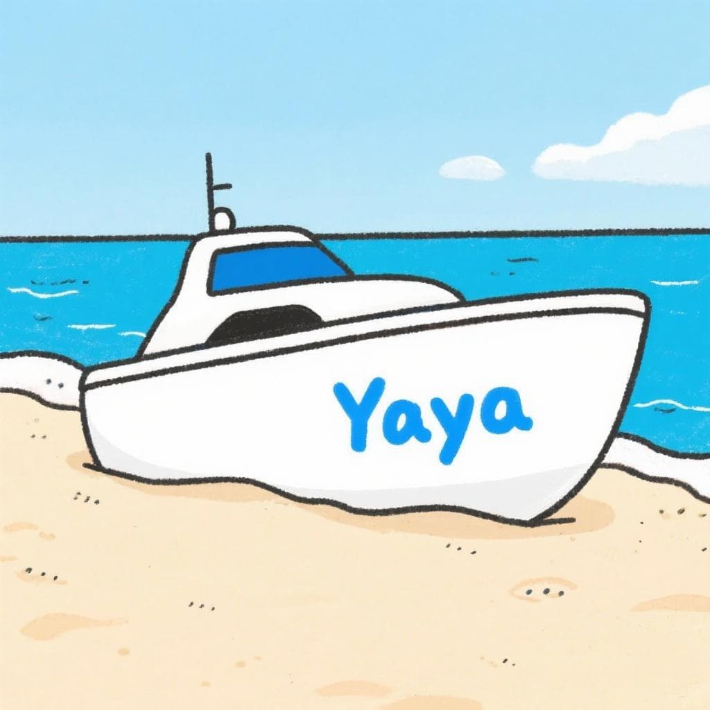 A friendly cartoon yacht named 'Yaya' lying on its side on a sandy beach.