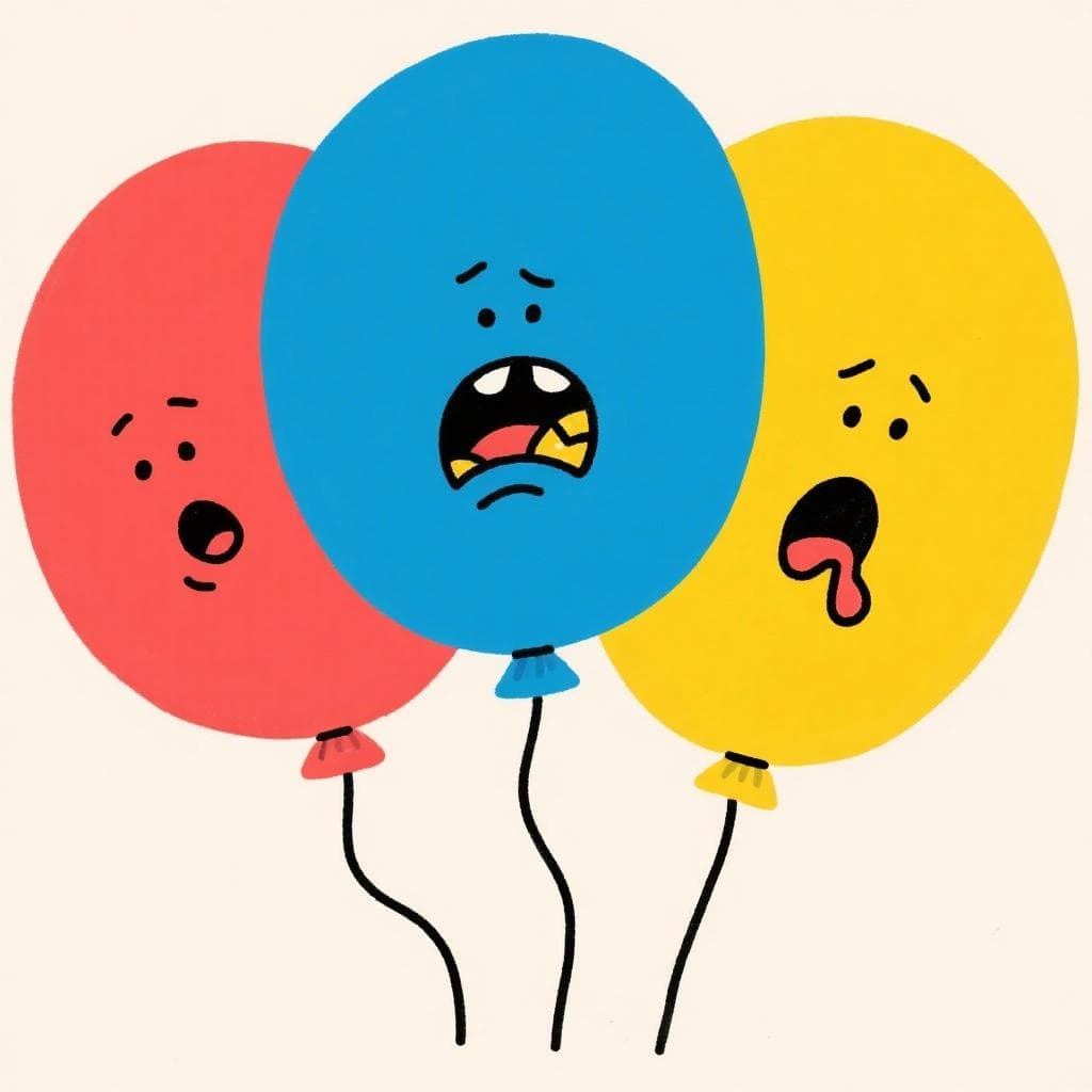 Cartoon illustration of big, gluttonous balloons with greedy faces.