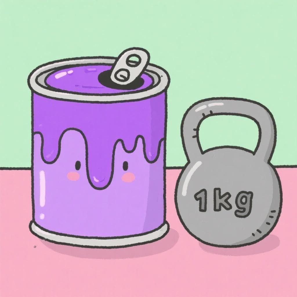 A simple cartoon drawing of a one-kilogram weight next to a can of vibrant lilac-colored lacquer.