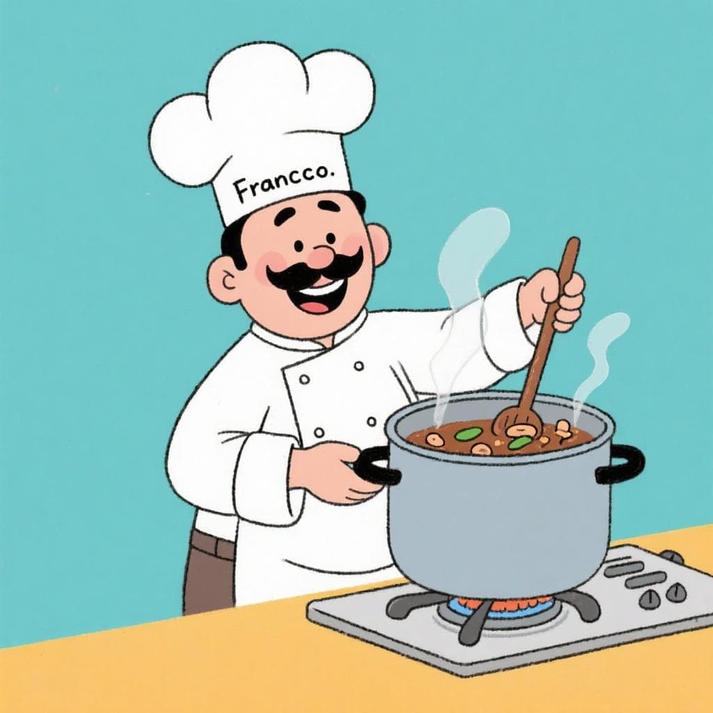 A cartoon chef named Francisco happily frying a pot of fabada (bean stew).