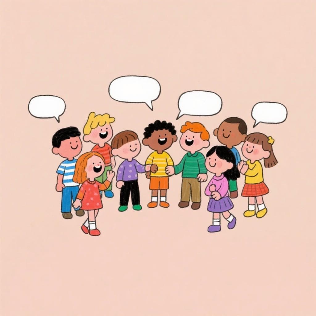 A cartoon drawing of a group of boys and girls happily chatting together.