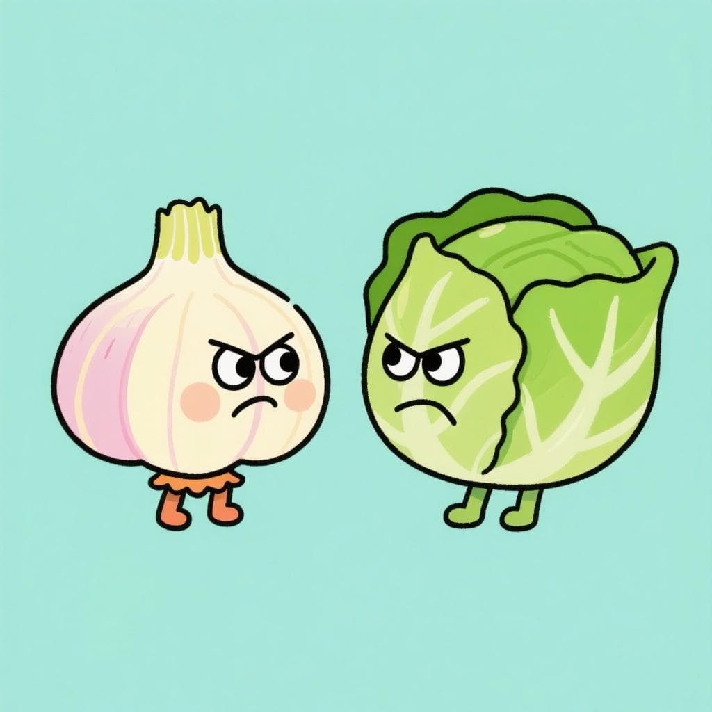 A cartoon garlic clove and a cartoon cabbage looking angry at each other, as if in an argument.