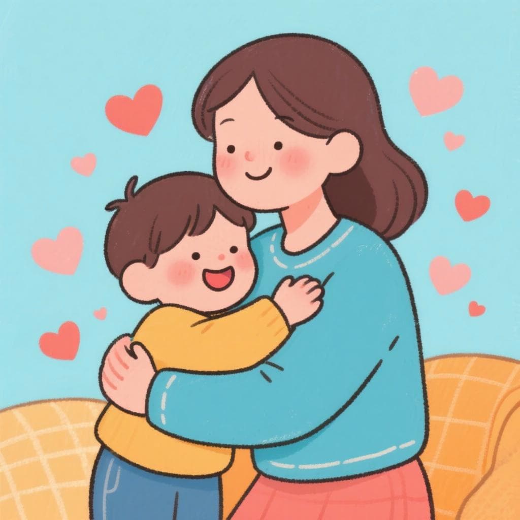 أم كرتونية تحتضن طفلها السعيد بحب.