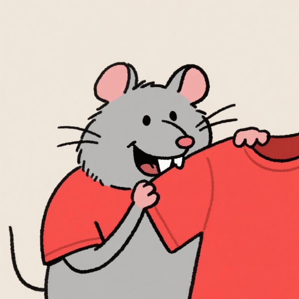 En tecknad råtta med ett busigt uttryck som tuggar på en röd t-shirt.