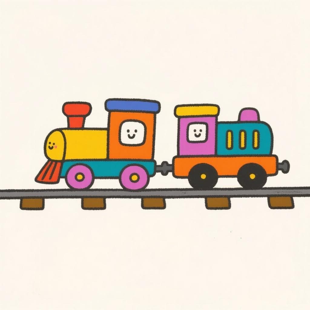 Un dessin animé simple d'un train coloré suivant un autre sur une voie.