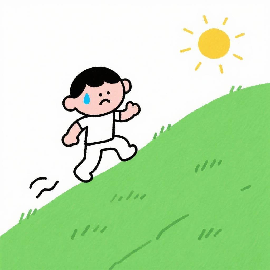 Un personnage de dessin animé transpirant et peinant à monter une colline très raide et verte.