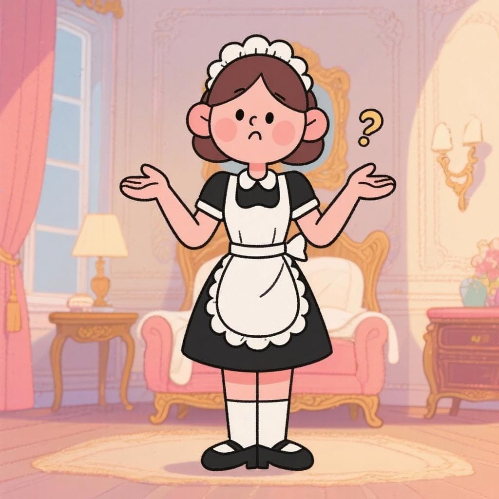 A cartoon maid looking unhelpful, shrugging her shoulders in a fancy room.