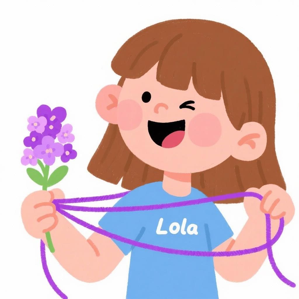 فتاة كرتونية تدعى لولا تحمل زهرة ليلك، تبدو مشاكسة وهي تعقد خيطًا أرجوانيًا.