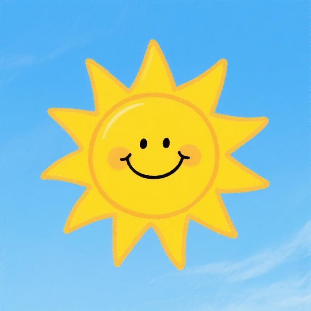 A bright cartoon sun shining happily in a blue sky without any clouds.