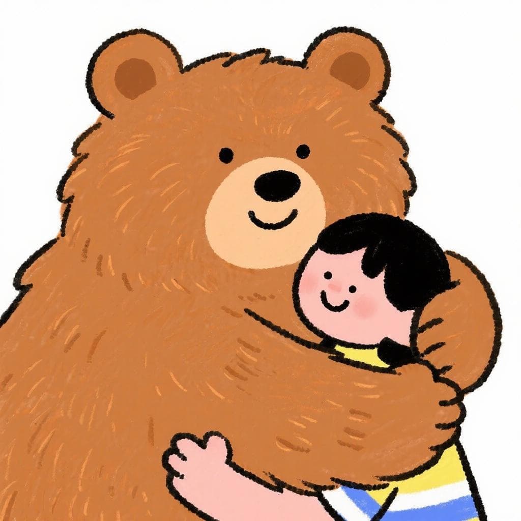 A friendly, cuddly cartoon bear giving a gentle hug to a person.