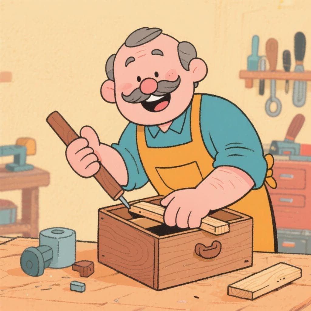 A friendly cartoon uncle happily building a wooden drawer in his workshop.