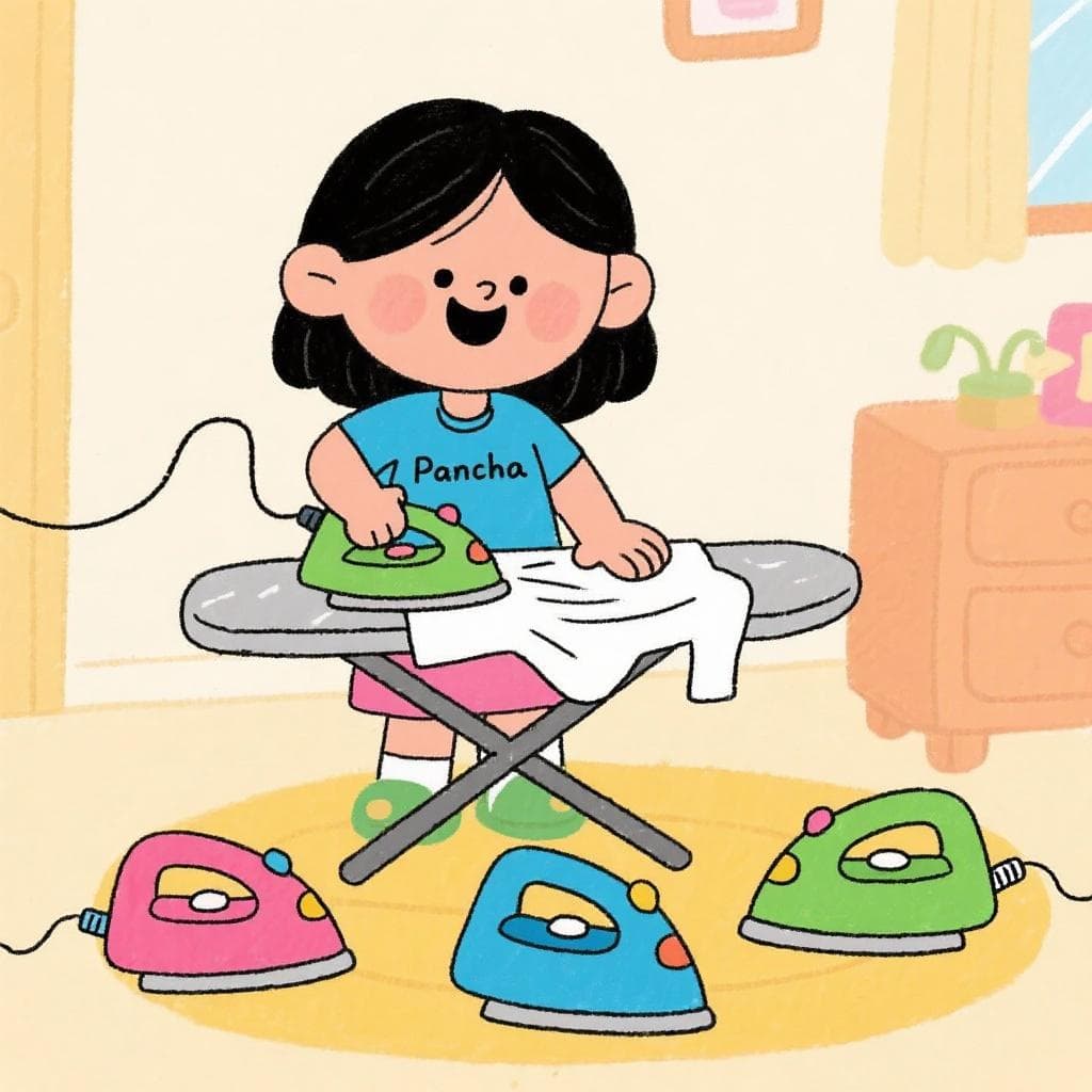 A friendly cartoon girl named Pancha happily ironing on an ironing board, with three other irons sitting nearby.