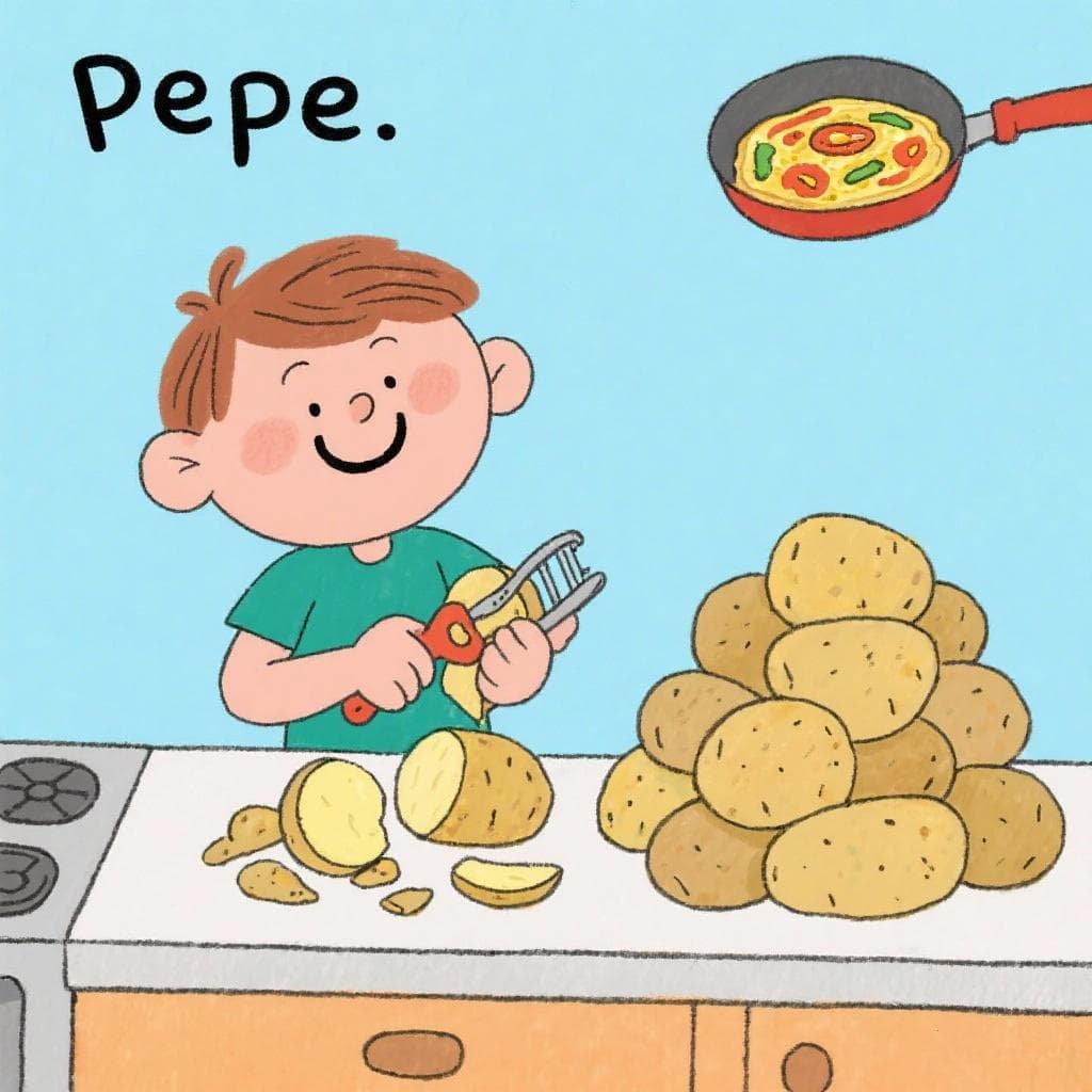 A friendly cartoon boy named Pepe happily peeling a pile of potatoes for a Spanish tortilla (omelette).