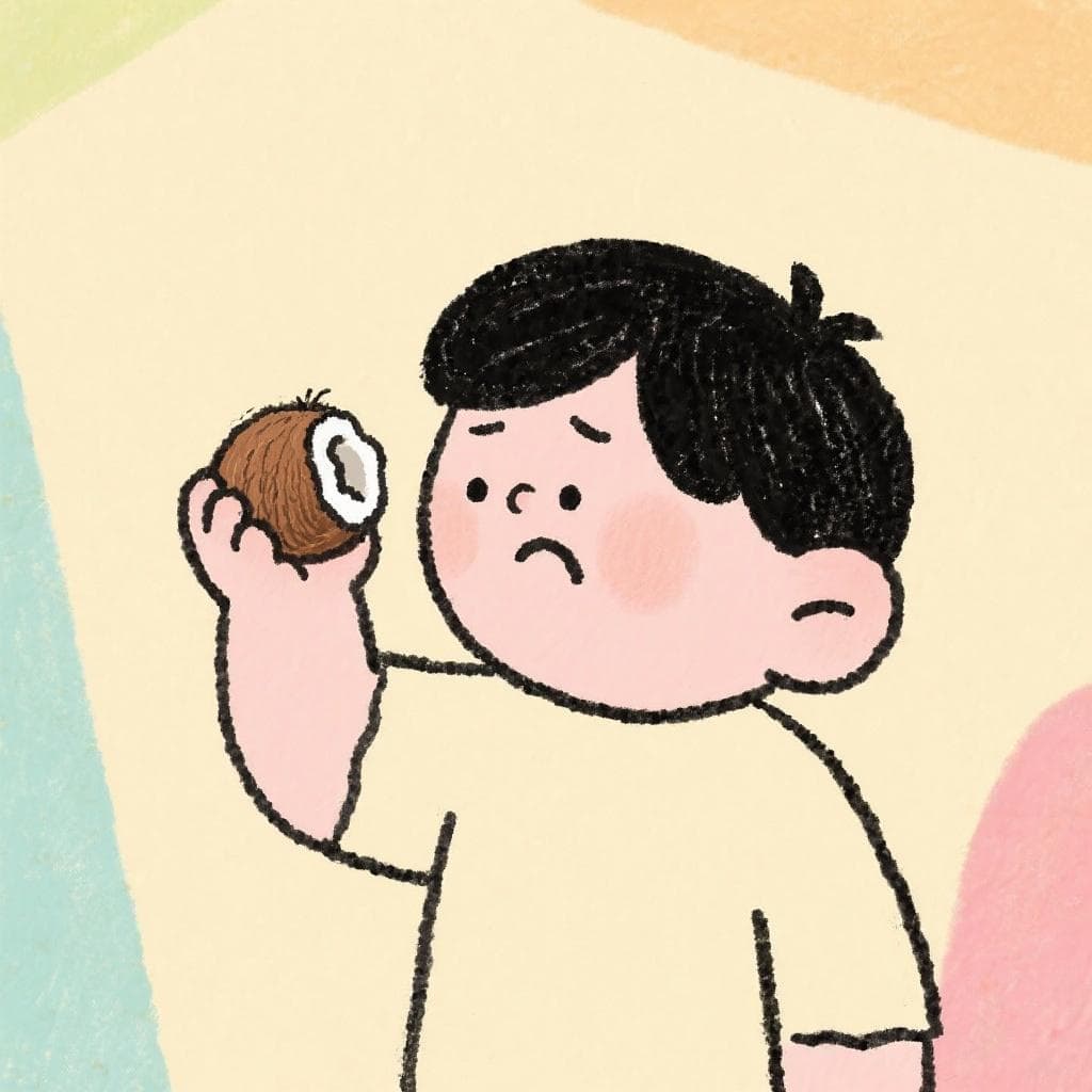 A cartoon character looking sadly at a single, small coconut.