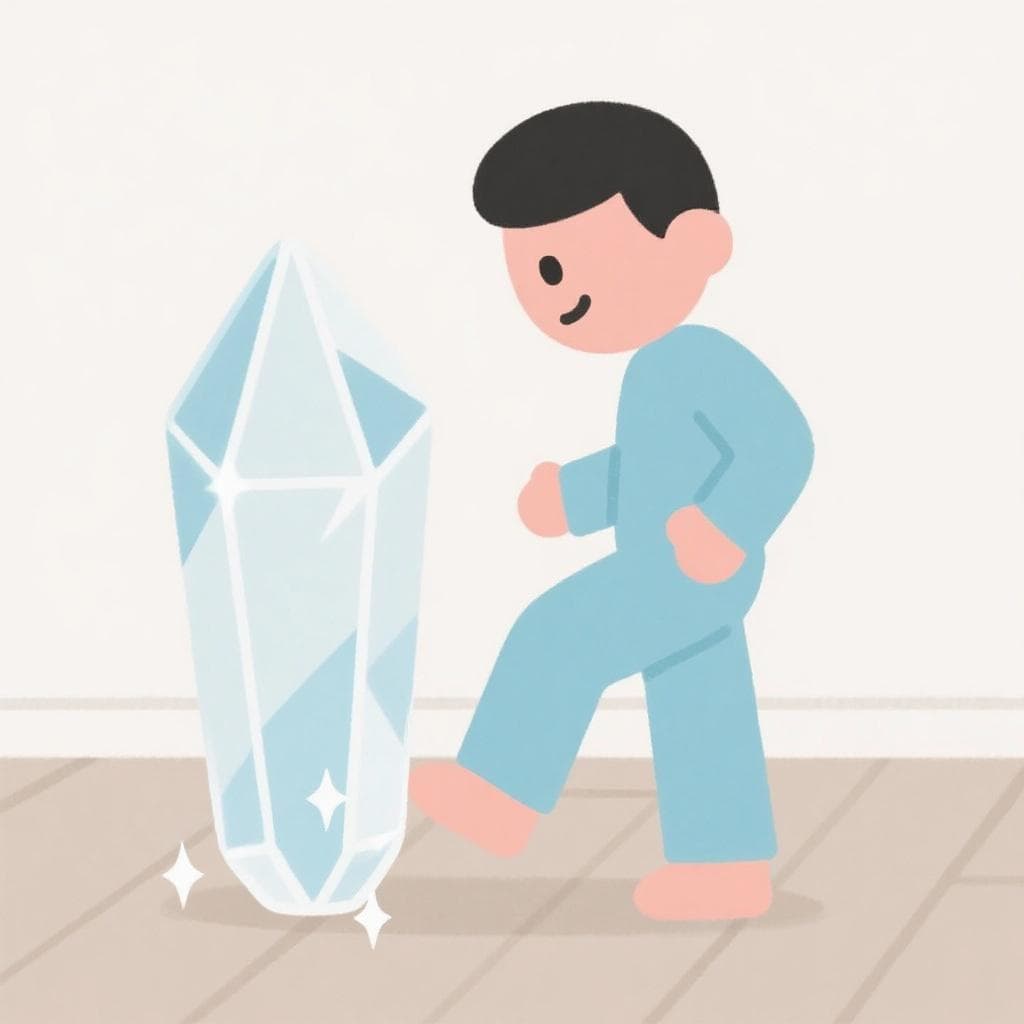 Een cartoonfiguur die voorzichtig over een groot, fragiel kristallen beeld stapt met een ontspannen uitdrukking.