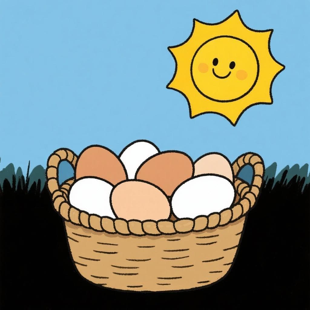 A simple cartoon drawing of a smiling sun pointing to a basket full of eggs.