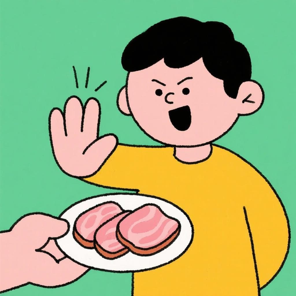 En tecknad person med ett bestämt uttryck som håller upp en hand för att neka en tallrik skinka.