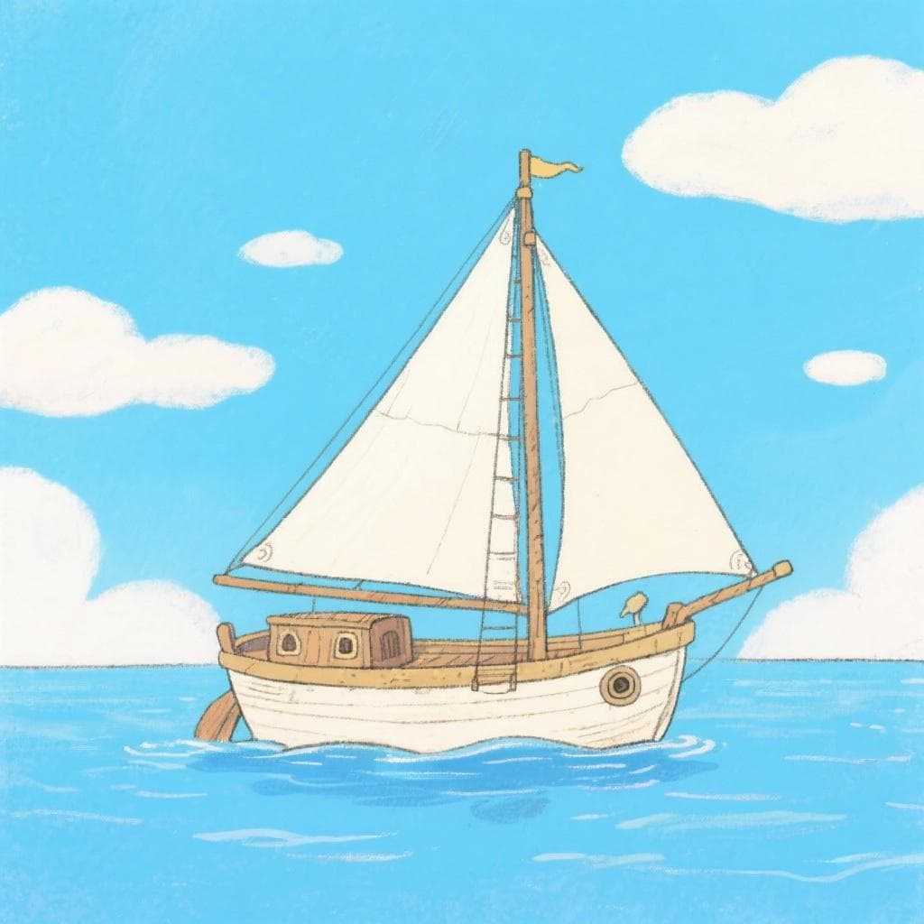 A friendly cartoon of an old sailboat with a single sail on calm blue water.