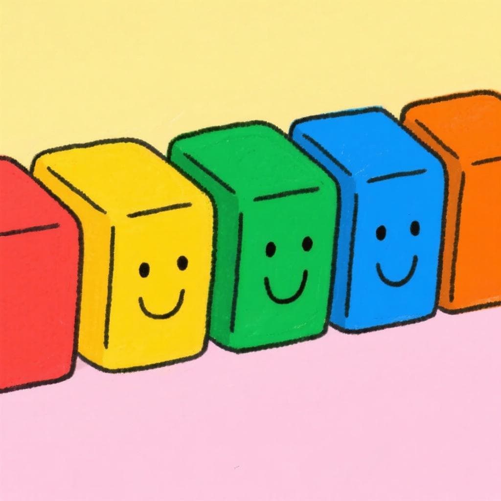 Five colorful cartoon blocks in a row, each with a happy face, representing a vowel sound drill.